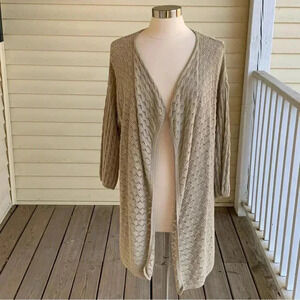 J Jill Pointelle Open Cardigan Sweater Linen Blend Size Medium Beige *READ